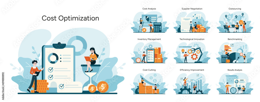 Poster cost optimization set. strategic financial management and resource allocation. streamlining operatio