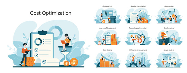 Cost Optimization set. Strategic financial management and resource allocation. Streamlining operations, enhancing productivity. Flat vector illustration - obrazy, fototapety, plakaty