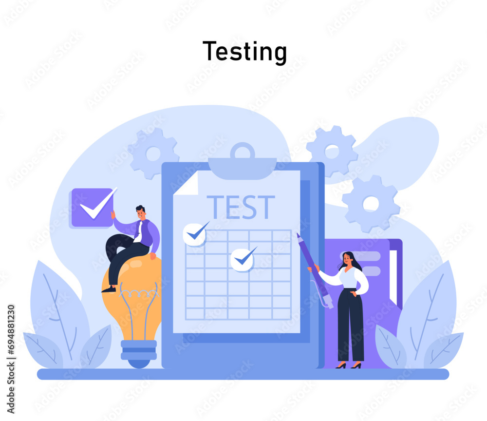 Poster Testing phase visual. Professionals rigorously evaluate a product, focusing on quality assurance and user satisfaction within the Design Thinking framework. Flat vector illustration