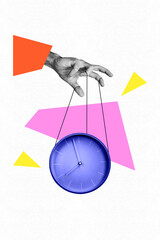 Vertical composite collage picture of abstract human arms fingers set clock time control time...