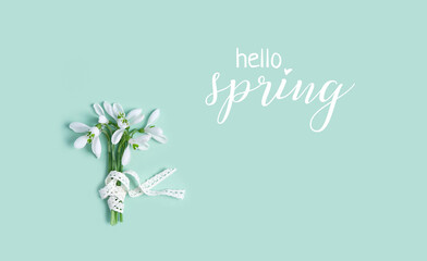hello spring greeting card. snowdrops flowers with ribbon on green background. spring season. romantic gentle nature image. minimal style. flat lay. template for design
