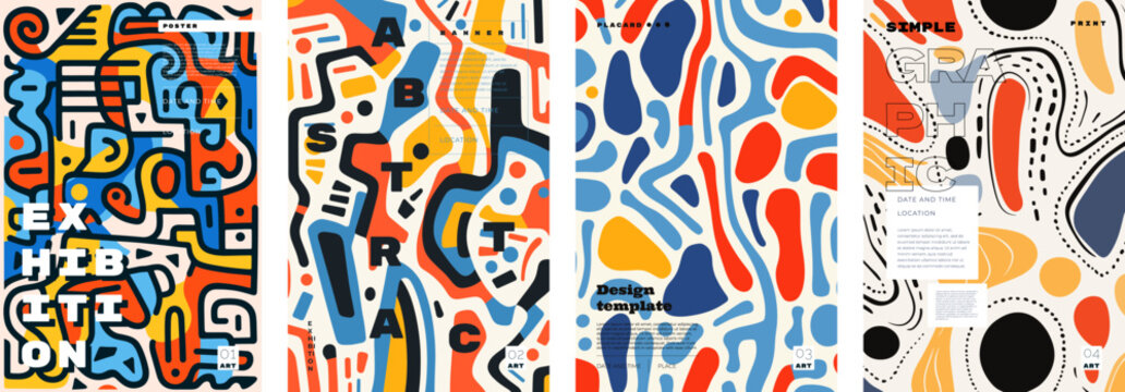 Abstract simple graphic doodle poster set. Minimalistic geometric shapes background. Modern primitive style minimal design elements print. Trendy hipster exhibition placard. Typography art eps cover