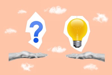 Poster collage of two hands hold question and lamp