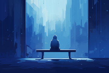 Man sitting on a bench in blue world of sadness  - obrazy, fototapety, plakaty