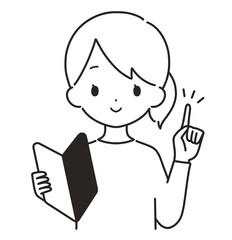 モノクロ｜初心者マークを持つ私服の女性｜指差し