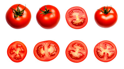 Tomatoes isolated. Tomato whole, cut, half, slice on white. Tomato with clipping path. Tomato set. - obrazy, fototapety, plakaty