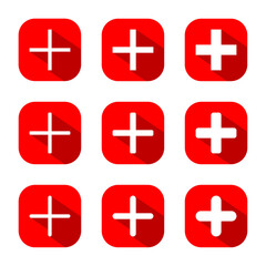 Add icon set collection on red square. Plus button vector with long shadow