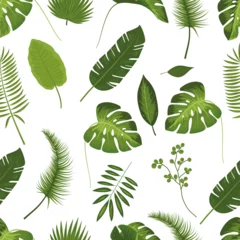 Fototapete Tropische Blätter Tropical leaves, seamless pattern, illustration, vector, plant, botany, tropical forest, watercolor print, spring, summer, Hawaii drawing, white background, print, textile, paper, wallpaper. 