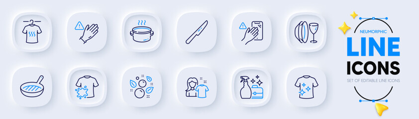 Clean t-shirt, Table knife and Dish plate line icons for web app. Pack of Clean shirt, Saucepan, Cleanser spray pictogram icons. Grill pan, Dry t-shirt, Use gloves signs. Dont touch. Vector