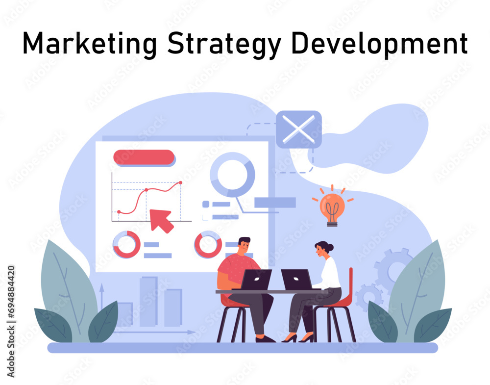 Poster marketing strategy development concept. team analyzing metrics to construct robust marketing plans, 