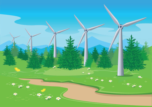 A wind farm along a country road with a rural landscape in the background. Green energy. Protection of ecology and environment. Horizontal vector illustration.