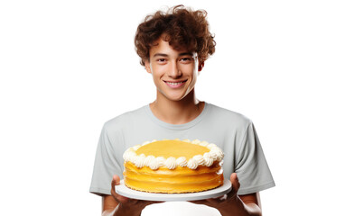 Courageous Teenager Boy is Holding a Mango Cake Isolated on Transparent Background PNG.