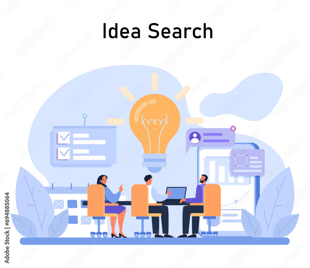 Poster idea search concept. creative team brainstorming for innovative solutions in a meeting, with a light