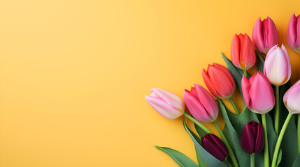 Colorful tulips against yellow background. Vivid tulips standing out on yellow background. Spring bouquet of tulips, rich colors against a bright backdrop. Women's day greeting card, copy space