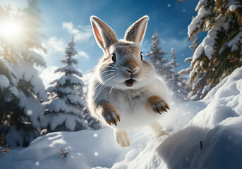 Hare running in snowy forest. Winter time. AI generated