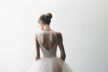 
Artistic faceless portrait of a ballerina, poised in silhouette against a stark white backdrop, subtle textures of the ballet dress