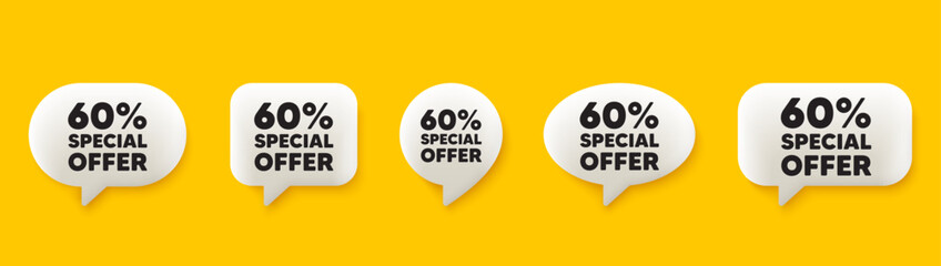 60 percent discount offer tag. 3d chat speech bubbles set. Sale price promo sign. Special offer symbol. Discount talk speech message. Talk box infographics. Vector