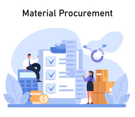Material Procurement process concept. Experts manage inventory and costs with thorough checks and balances. Supply chain efficiency in action. Flat vector illustration - obrazy, fototapety, plakaty
