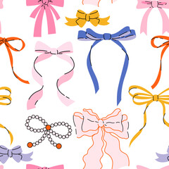 Seamless pattern with various cartoon bow knots, gift ribbons. Trendy hair braiding accessory. Hand drawn vector illustration. Valentine's day background. - 694886002