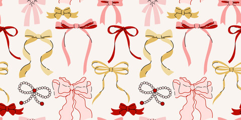 Seamless pattern with various cartoon bow knots, gift ribbons. Trendy hair braiding accessory. Hand drawn vector illustration. Valentine's day background. - 694886022