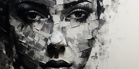 Fragmented portrait, abstract expressionism, sharp angles intersecting with a face