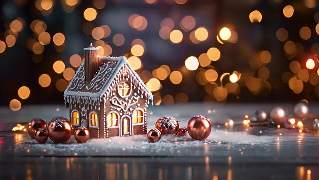 Homemade Christmas gingerbread house decoration on background of defocused lights. Sparkling bokeh lights moving around. Merry Christmas and Happy New Year concept Copy space