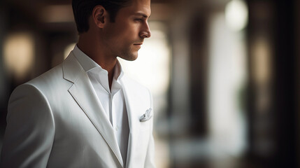 Minimalist faceless portrait, sharp focus on the details of a tailored suit, crisp white shirt, luxurious fabric textures