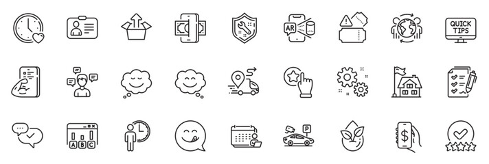 Icons pack as Dating, Augmented reality and Approved line icons for app include Send box, Spanner, Parking security outline thin icon web set. Conversation messages, Id card. Vector
