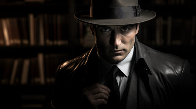 Noir detective portrait, classic fedora and a discreet eye mask, vintage office backdrop