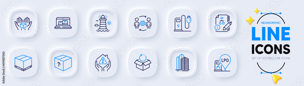 Aufkleber hold box, return package and skyscraper buildings line icons for web app. pack of package, web inven