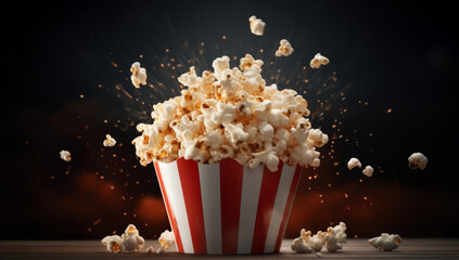 Bucket of cinema popcorn in a red and white box with exploding popcorn pieces. Movie time theme concept - obrazy, fototapety, plakaty