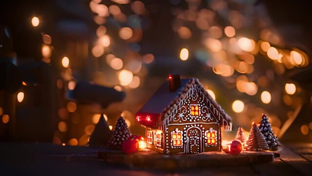 Homemade Christmas gingerbread house decoration on background of defocused lights. Sparkling bokeh lights moving around. Merry Christmas and Happy New Year concept Copy space