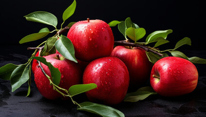 Arrangement of red apples on a dark reflective background. Juicy and vibrant red apple, with a crisp and shiny skin