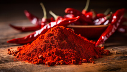 Red chili powder on a wooden table, with fresh chilli surrounding the scene. - obrazy, fototapety, plakaty