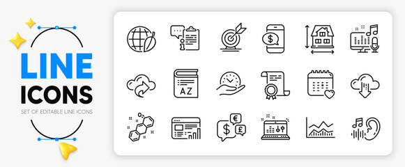 Trade infochart, Cloud share and Environment day line icons set for app include Healthcare calendar, Web report, Hearing outline thin icon. Vocabulary, Chemical formula. Vector