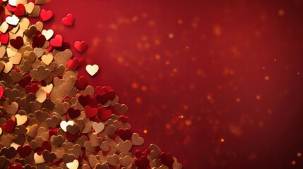 Golden confetti and pink hearts on a red background, copy space. Background of Valentines day concept.
