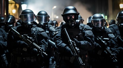 SWAT team in full riot gear preparing to take on a night-time riot. Generative AI - obrazy, fototapety, plakaty