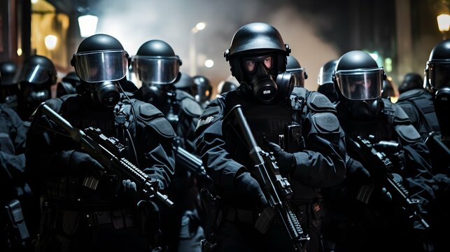 SWAT team in full riot gear preparing to take on a night-time riot. Generative AI