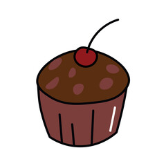 Sweet cake of colorful food set. This delectable illustration of a sweet chocolate cupcake boasts a colorful design and crisp outlines. Vector illustration.