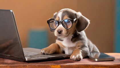 A puppy wearing glasses conducting business with a laptop and a telephone , generated by AI - obrazy, fototapety, plakaty