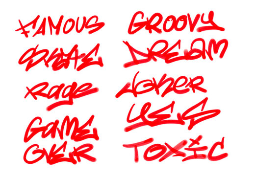 Collection of graffiti street art tags with words and symbols in red color on white background
