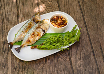 Deep-fried mackerel chili paste with boiled neem  a specialty  local food in central Thailand.
