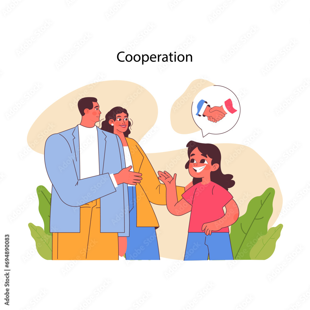 Poster cooperation concept. a cheerful group showcases teamwork with a handshake in a speech bubble, symbol