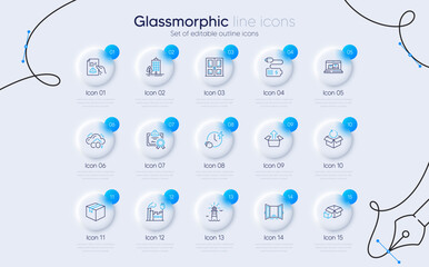 Set of Open door, Web inventory and Co2 line icons for web app. Skyscraper buildings, Certificate, Technical documentation icons. Factory, Charging time, Packing boxes signs. Parcel. Vector