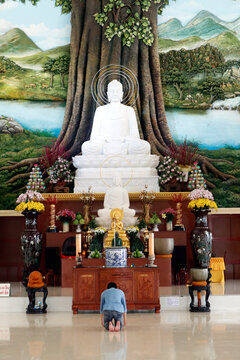 Van Linh Buddhist pagoda, man praying to the Buddha, the Enlightenment of the Buddha statue, An Hao, Vietnam, Indochina