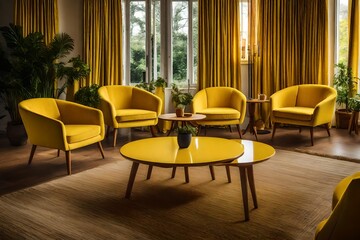 yellow armchairs with  coffee table  at house.