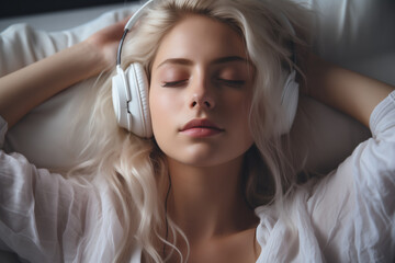 Portrait of a woman with blonde hair lying on the bad, or sleeping, listening to music, audio book or podcast, enjoying meditation for sleep and peaceful mind. Rest And Relax Concept