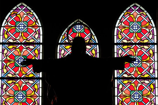 Christ in Glory against stained glass windows, Nha Trang Cathedral, Nha Trang, Vietnam, Indochina