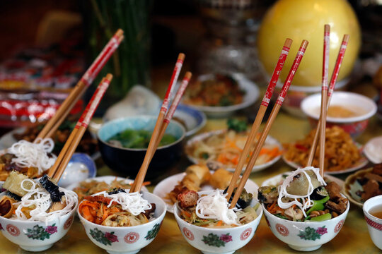Vegetarian offerings, Ancestor altar, Tu An Buddhist temple, Haute-Savoie, France