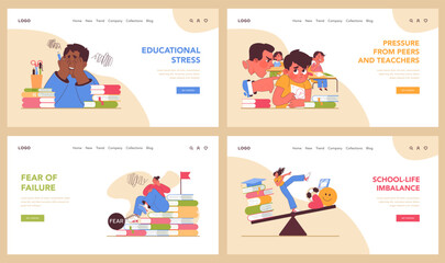 Educational stress web or landing set. Students confront academic challenges: peer and teacher pressure, fear of failure, and learning hurdles. Emotionally charged study. Flat vector illustration